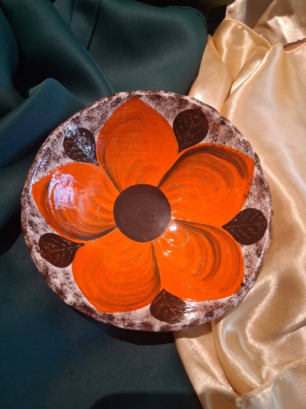 Vintage 70s Mexican Terracotta Footed Bowl Hand Painted Orange Flower Dish